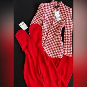 Zara Red and White Patterned Blazer and Jumpsuit